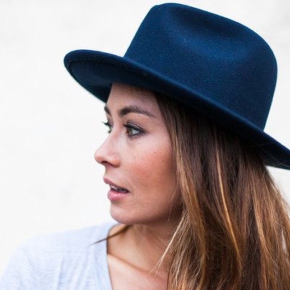 Navy Faux Wool Fedora Felt Hat Wide Brim 57 - Picture 3 of 6